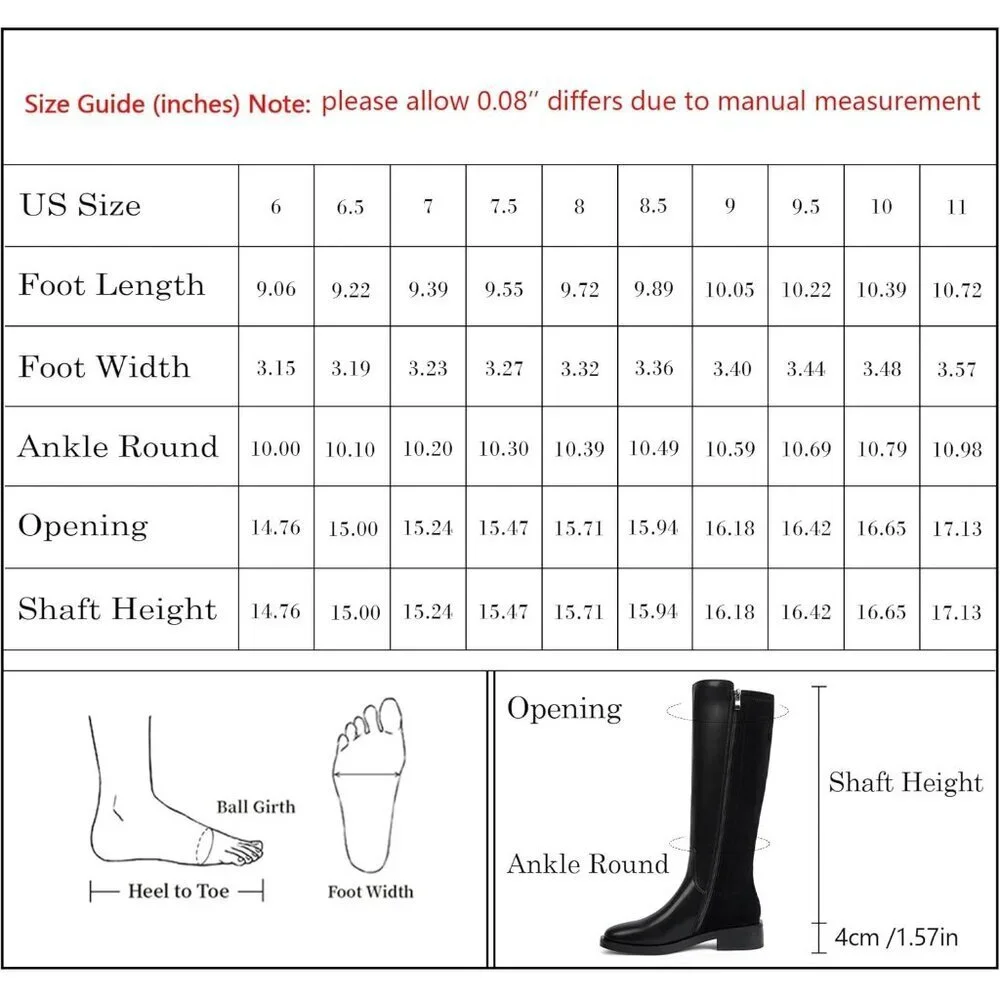 Women Polyurethane Stretch-black Round Toe Flat Heel Side Zipper Knee High Boots